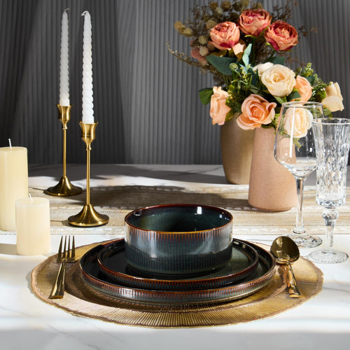 12-Piece Plates and Bowls Set and 35oz Pasta Bowls Set of 4, Stoneware Dinnerware Set for 4, Blackish Green H735