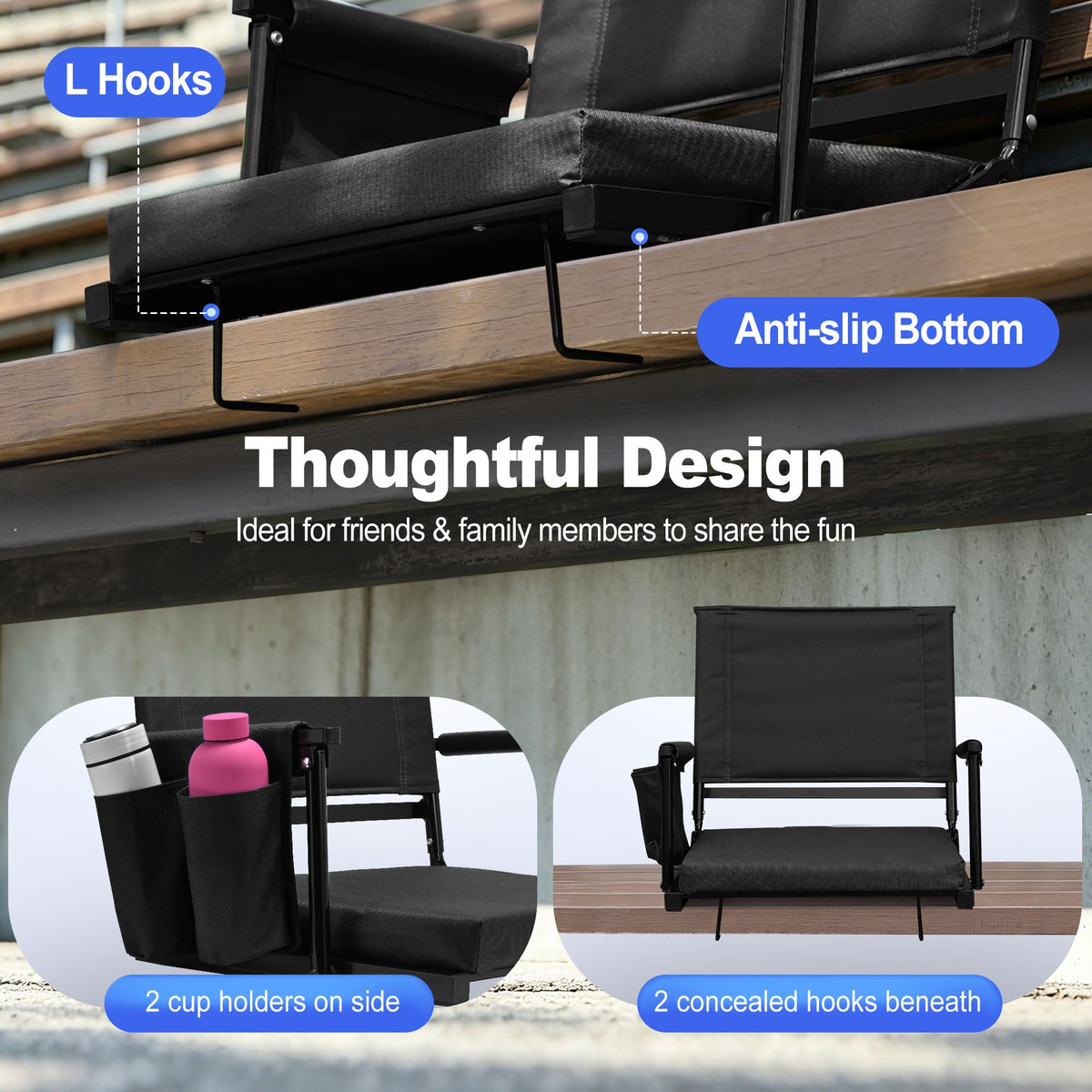 2 Packs Foldable Stadium Seats with Adjustable Backrest and Cup Holders Black H81177