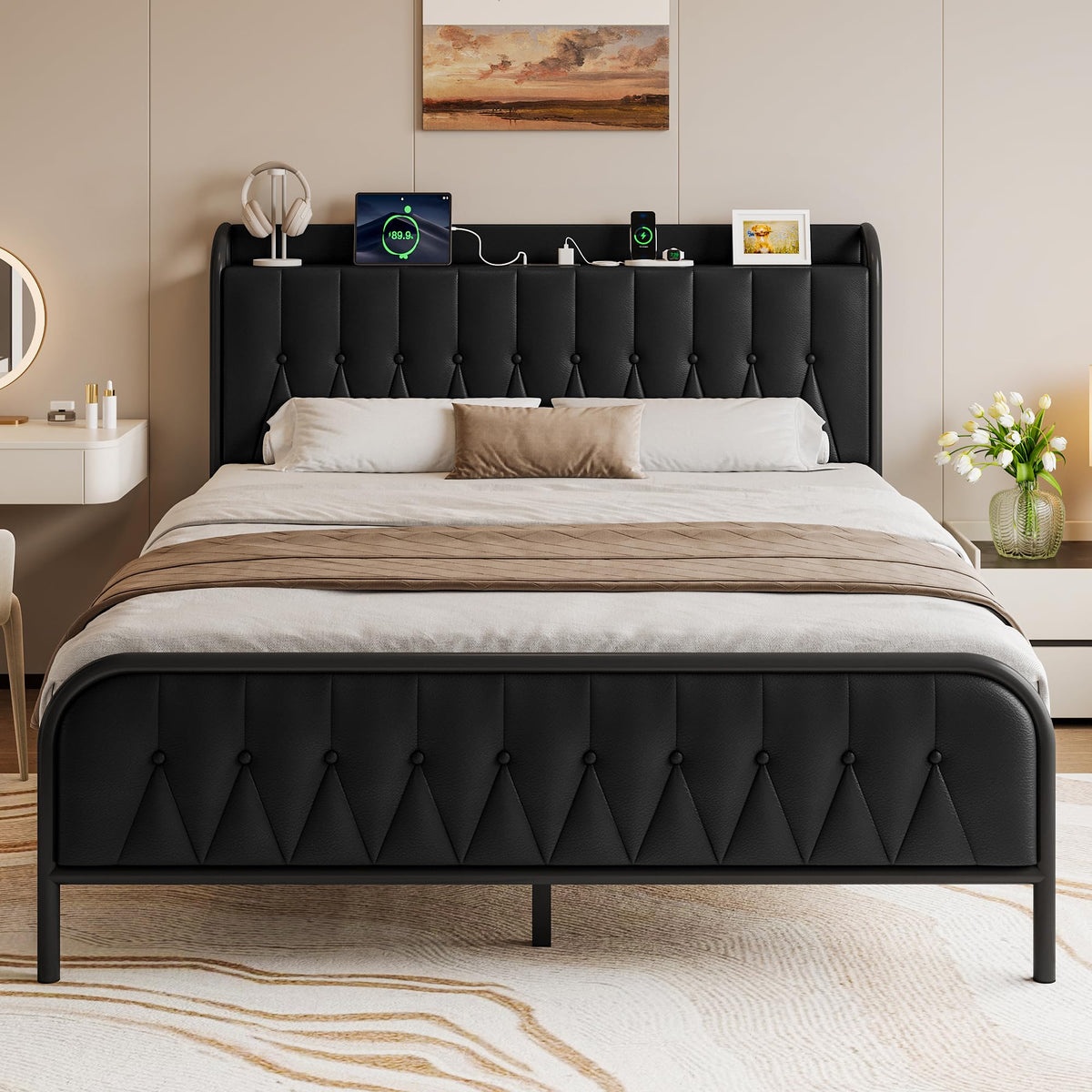 Black Full Size Platform Bed Frame with Faux Leather Upholstered Storage Headboard R244