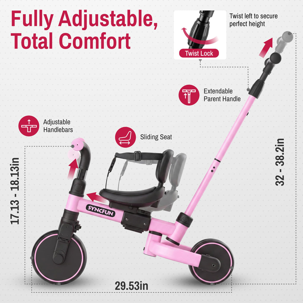 5-in-1 Kids Tricycle with Push Handle, Pink R323