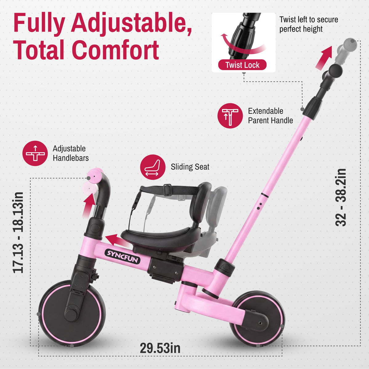 5-in-1 Kids Tricycle with Push Handle, Pink R323