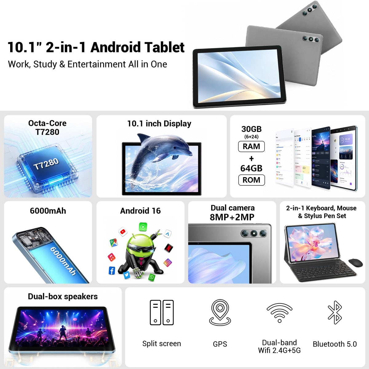10.1" Android 16 Tablet with Keyboard, 30GB RAM 64GB ROM, Gray S698302