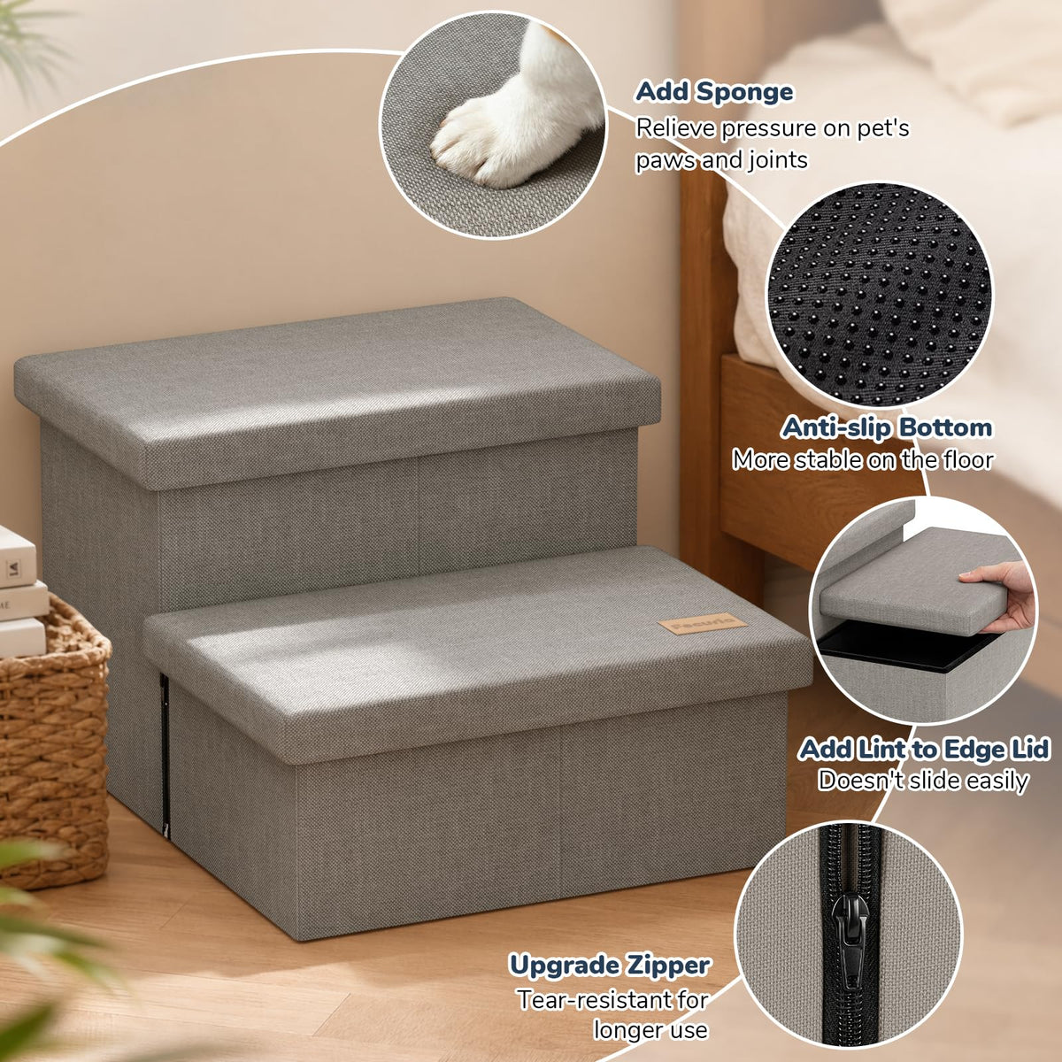 2-Step Wide Dog Stairs with Storage, Non-Slip Foldable Pet Steps, Grey X42606