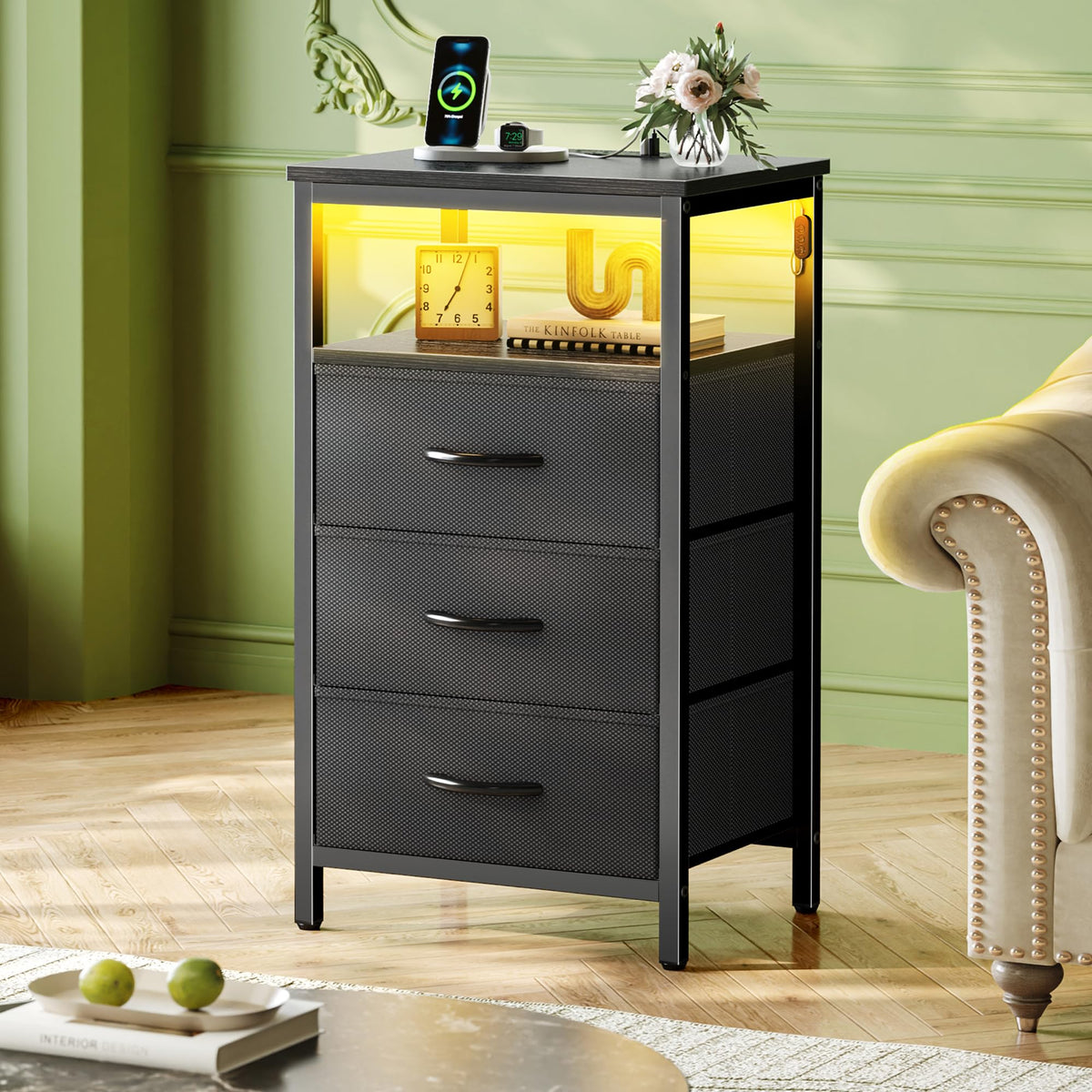 3 Drawer Nightstand with Charger Station and LED Lights M995644