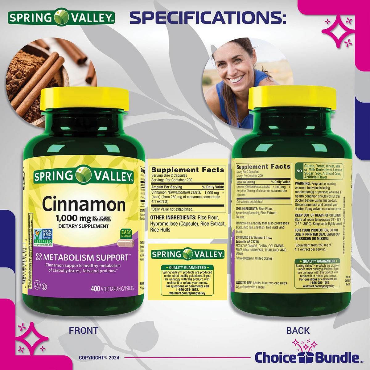 Cinnamon Supplement 1000mg Vegetarian Capsules 1200 Total J7620