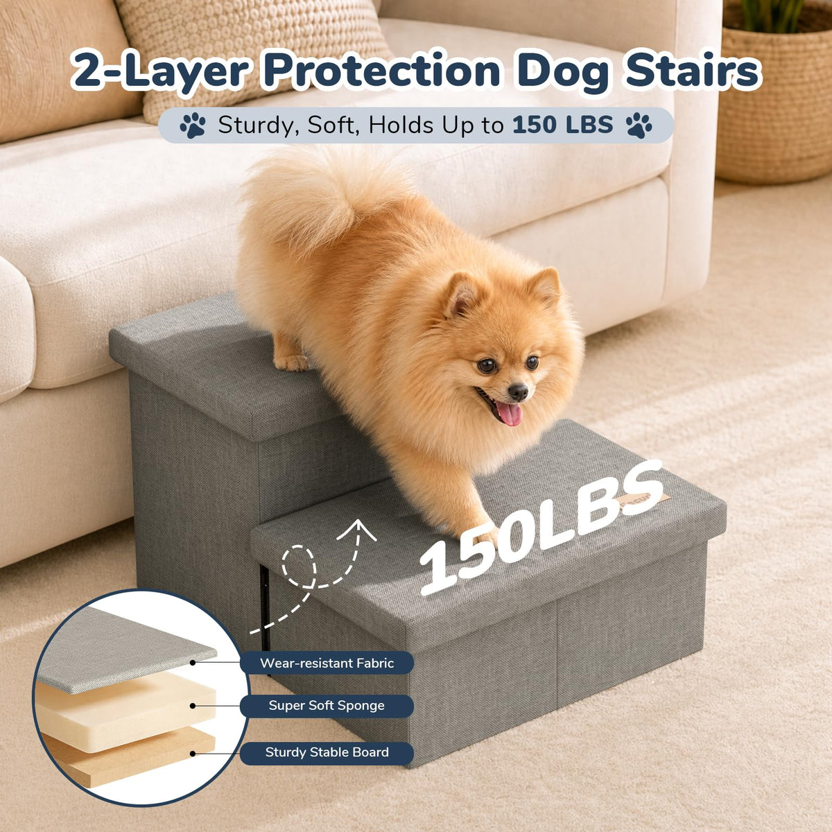 2-Step Wide Dog Stairs with Storage, Non-Slip Foldable Pet Steps, Grey X42606