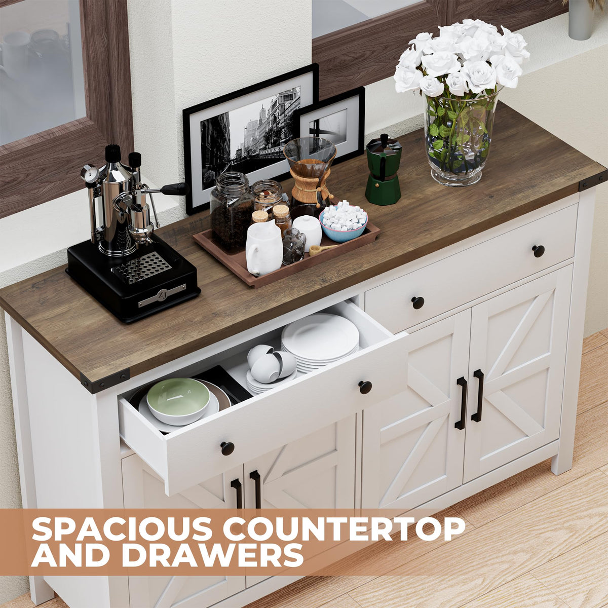 White Wood Buffet Cabinet with 2 Drawers and 4 Barn Doors A750
