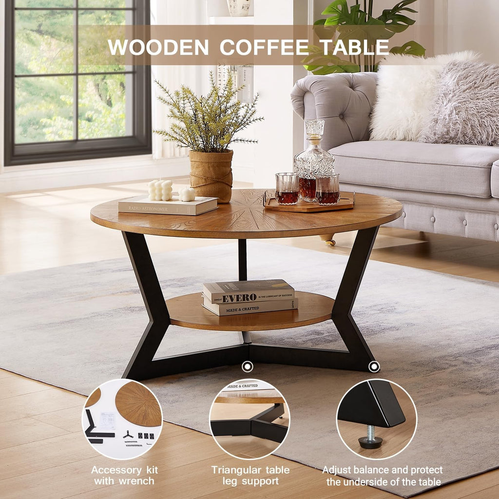 Brown 2-Tier Solid Wood Round Coffee Table P2581