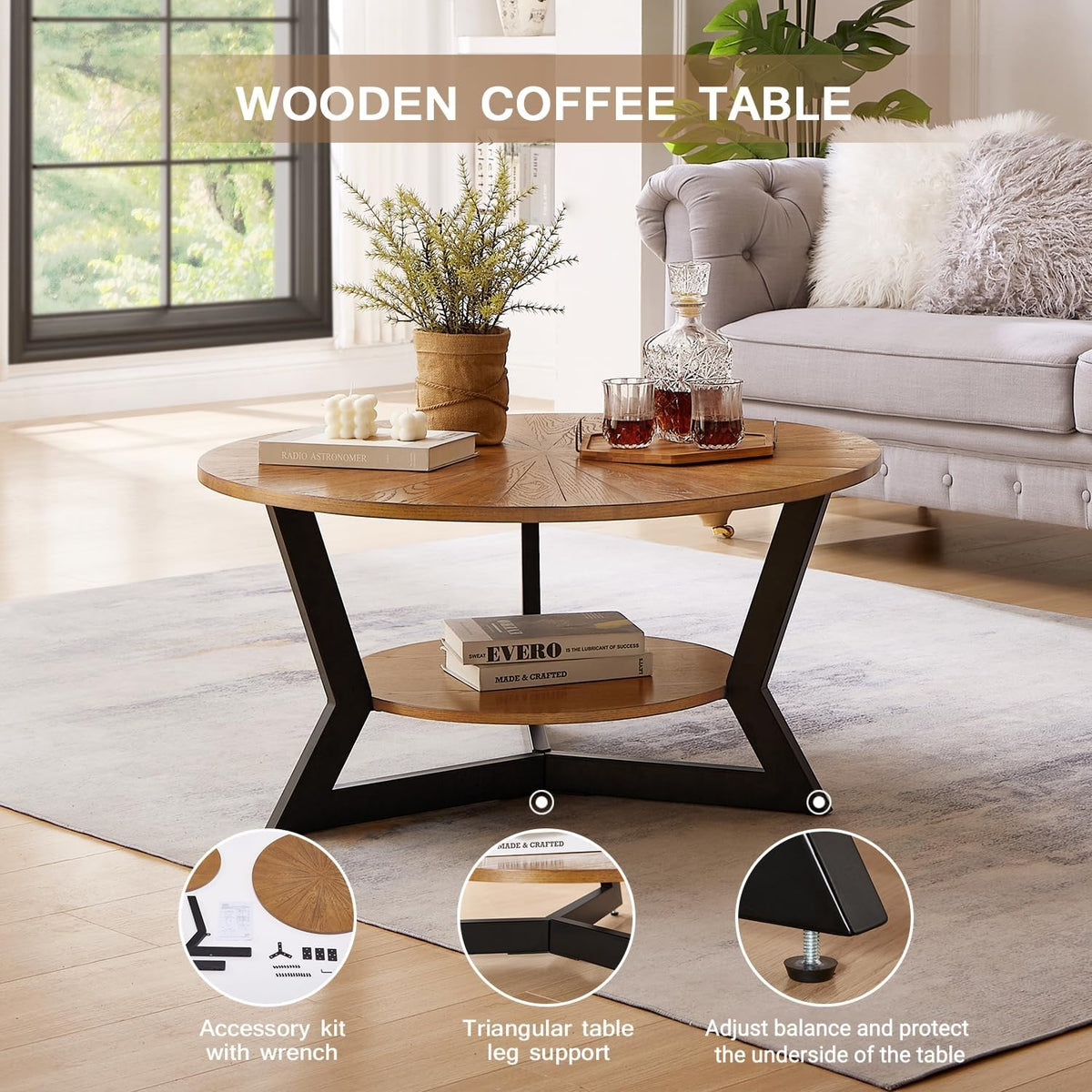 Brown 2-Tier Solid Wood Round Coffee Table P2581