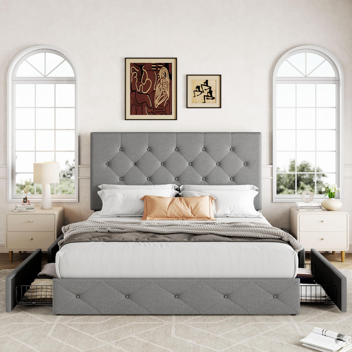 Queen Size Light Grey Upholstered Storage Bed Frame with 4 Drawers V560