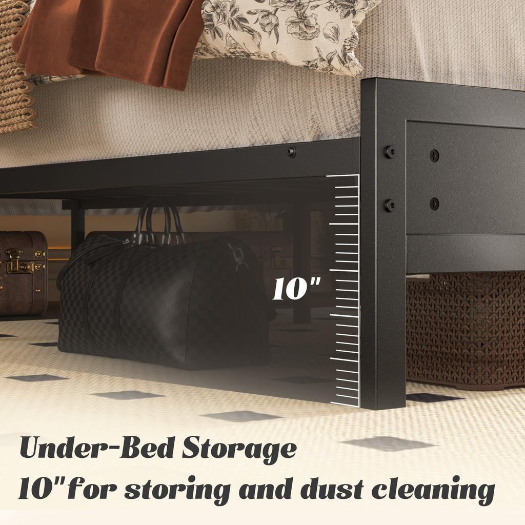Full Bed Frame with Headboard, Footboard, Charging Station, LED Light, Storage Shelf, Black B15947
