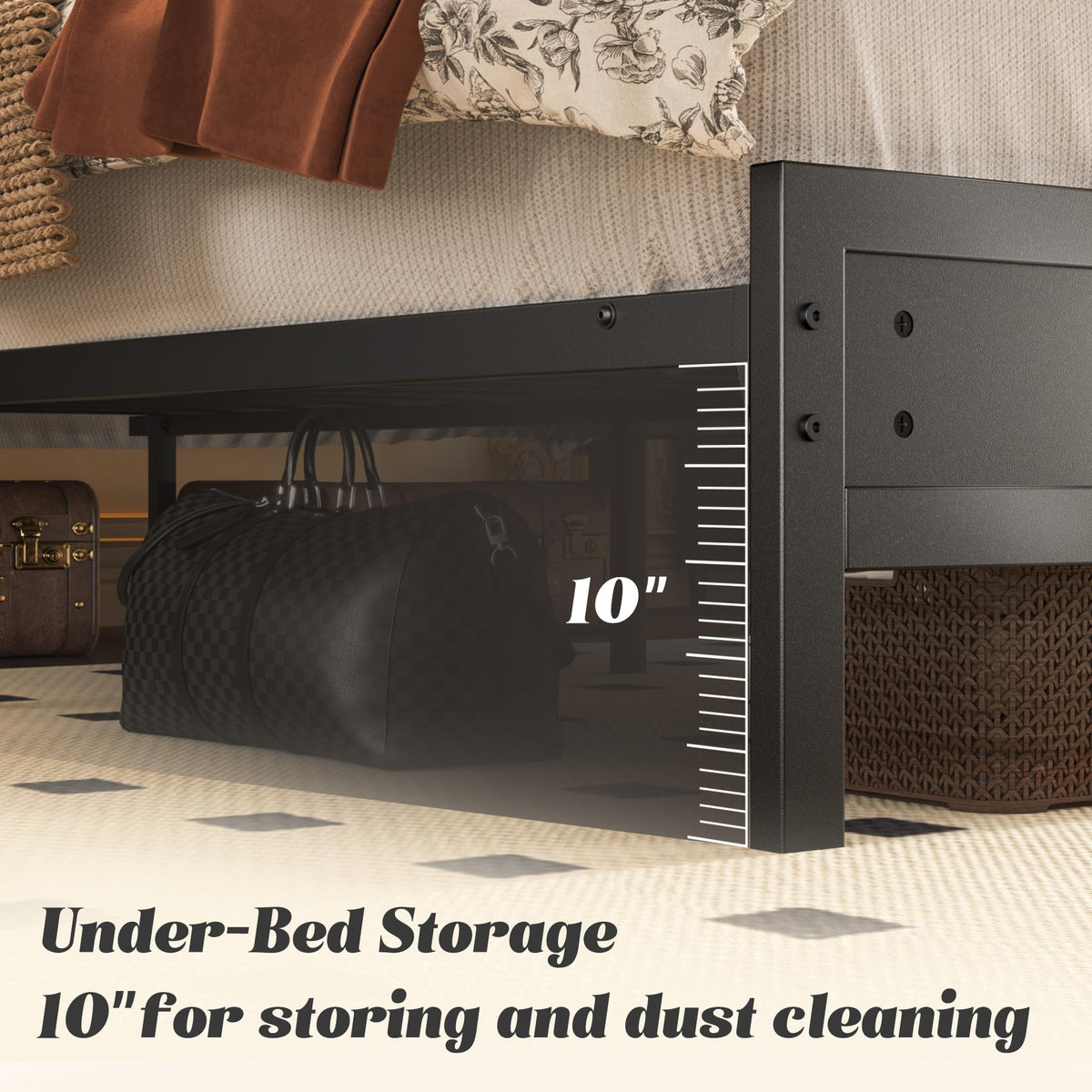 Full Bed Frame with Headboard, Footboard, Charging Station, LED Light, Storage Shelf, Black B15947