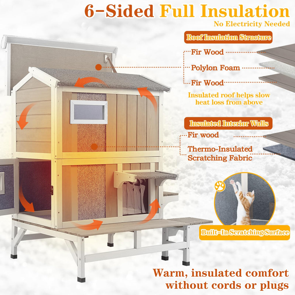 Insulated Outdoor Cat House 2-Story Wooden Shelter H773657
