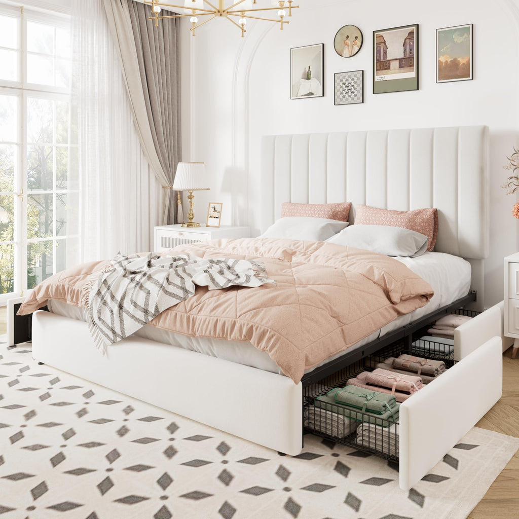 White Velvet Queen Size Storage Bed Frame with 4 Underbed Drawers F963