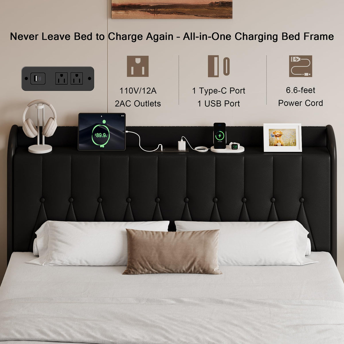 Black Full Size Platform Bed Frame with Faux Leather Upholstered Storage Headboard R244
