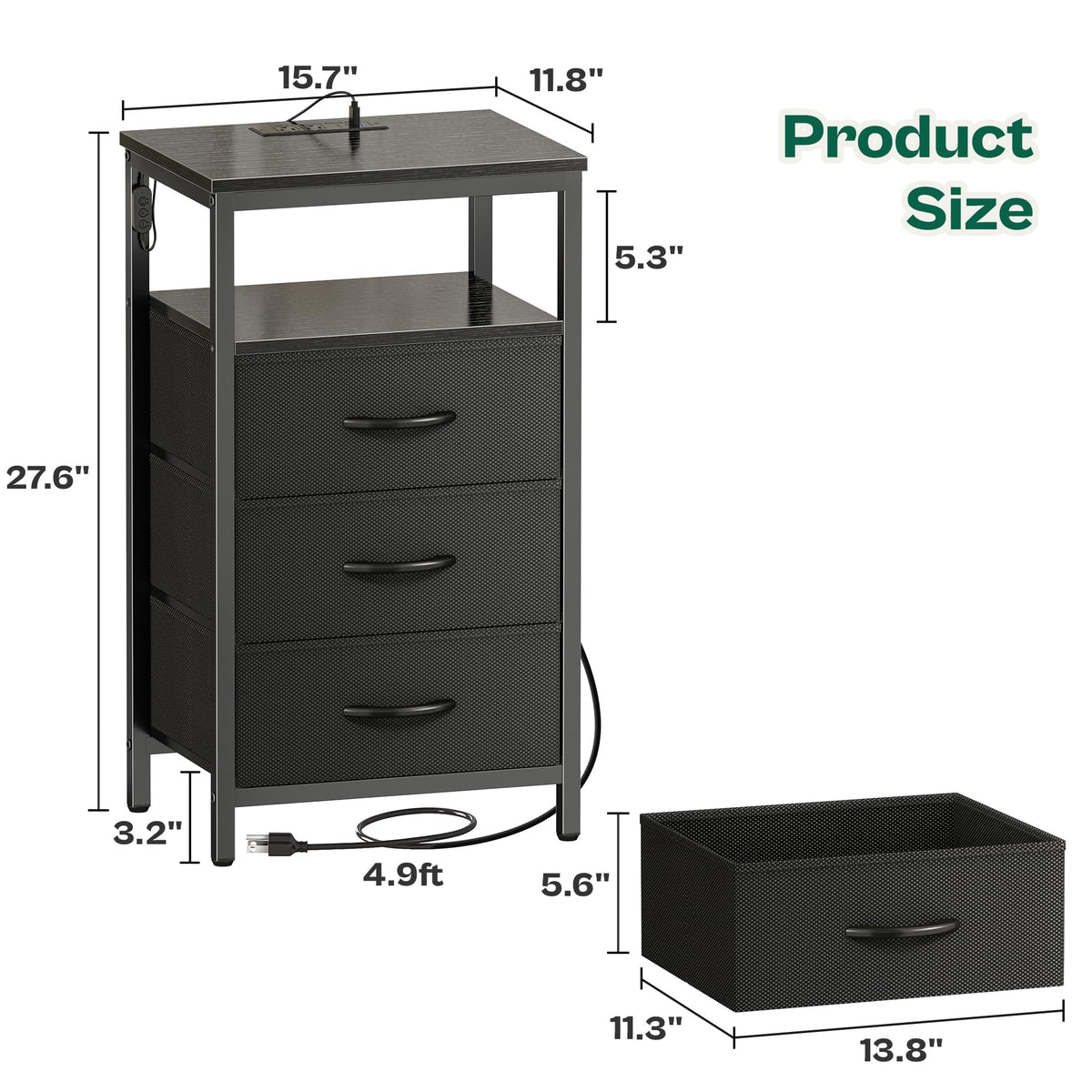 3 Drawer Nightstand with Charger Station and LED Lights M995644