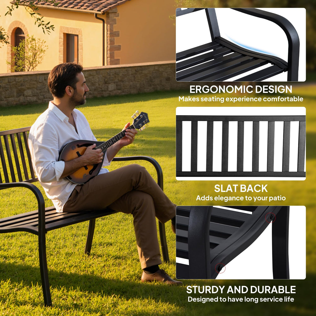 50" Outdoor Garden Bench with Slatted Seat Metal Black A62691