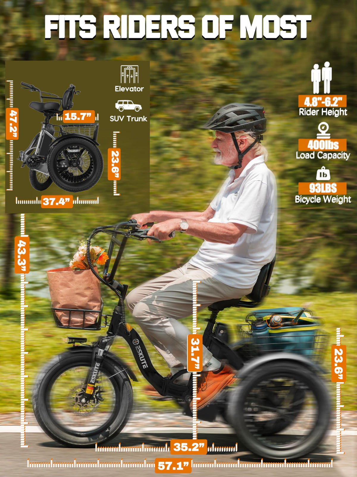 Electric Tricycle Bike 1200W Folding 3 Wheel Bicycle M624