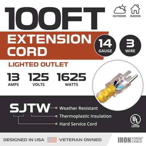 14 Gauge Heavy Duty Extension Cord, 100 Ft Yellow SJTW F161956