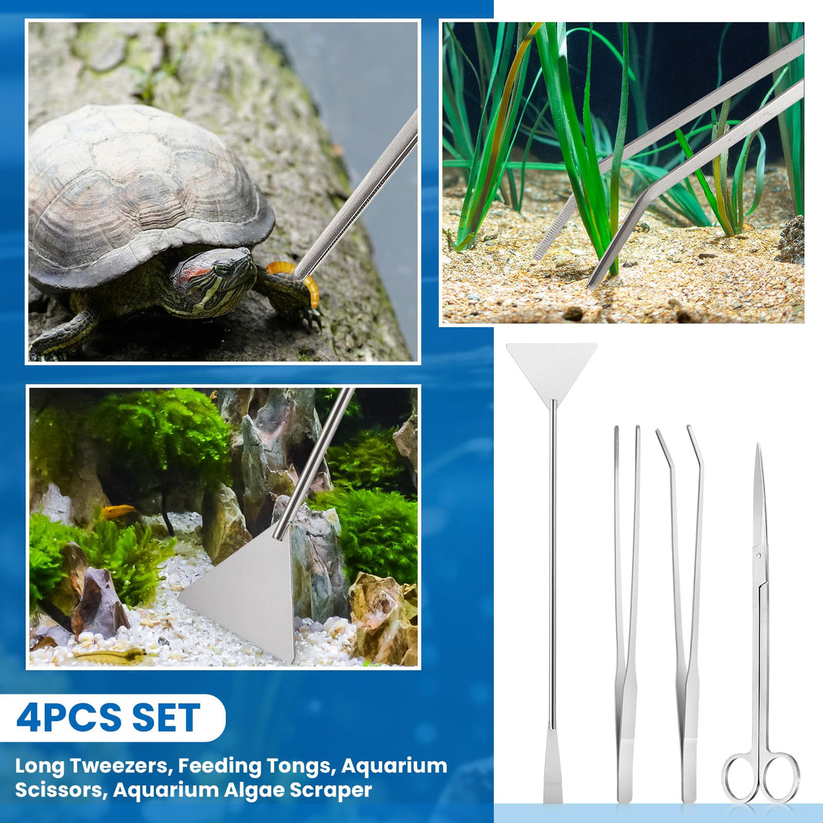 Aquarium Fish Tank Cleaning Tool Kit 4 Pcs Long Aquascape Tools Magnetic Glass Cleaner Brush 5 in 1 Gravel Cleaner and Siphon Vacuum K483201
