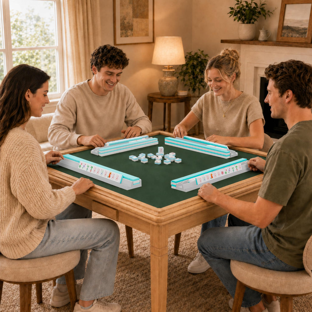White Scalloped Wooden Mahjong Racks with Pushers Set of 4 E736876