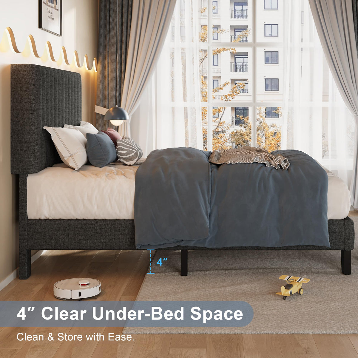 Twin Size Upholstered Linen Platform Bed Frame with Headboard E24367