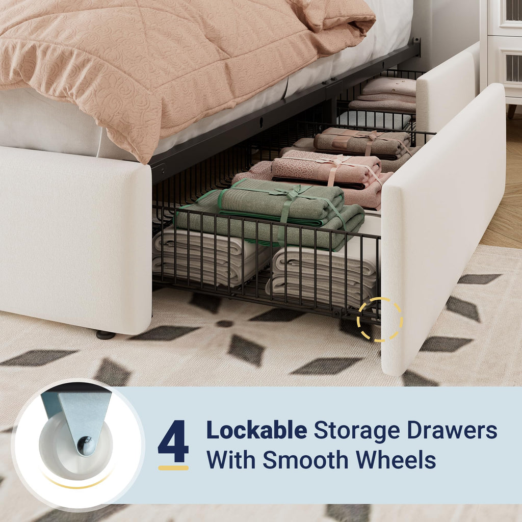 White Velvet Queen Size Storage Bed Frame with 4 Underbed Drawers F963