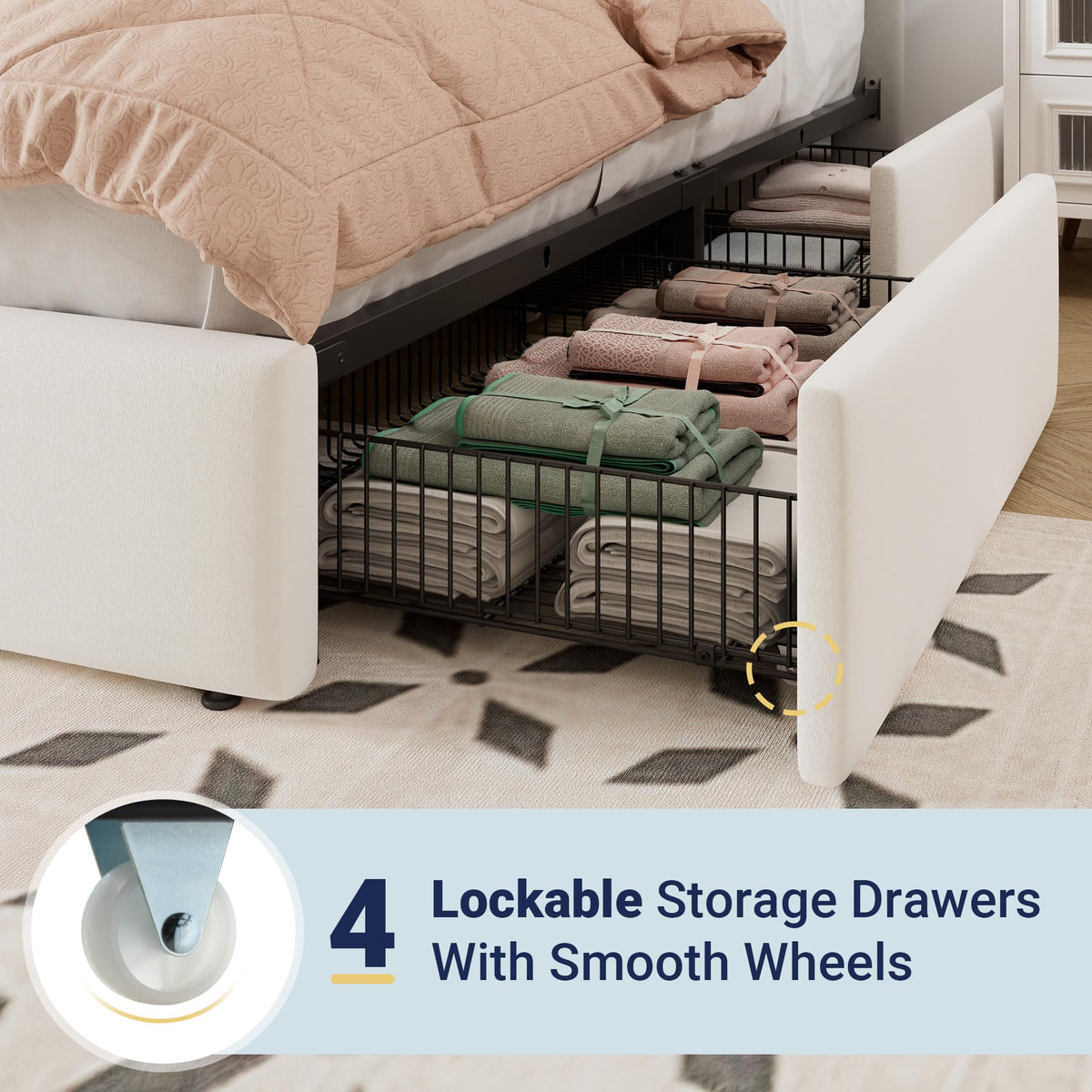 White Velvet Queen Size Storage Bed Frame with 4 Underbed Drawers F963