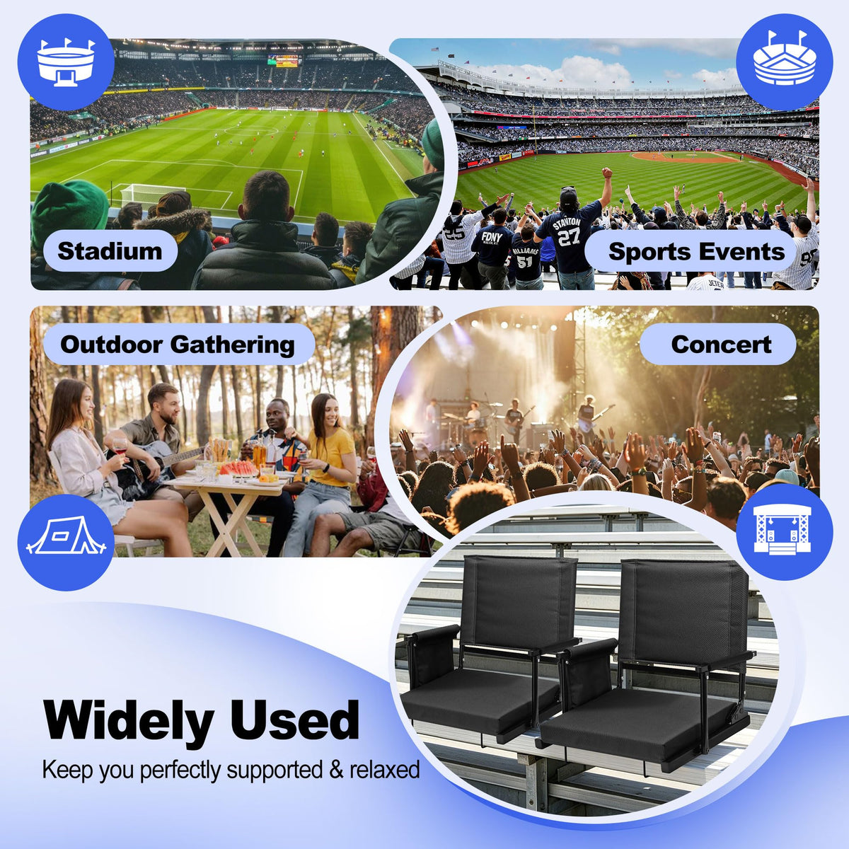 2 Packs Foldable Stadium Seats with Adjustable Backrest and Cup Holders Black H81177