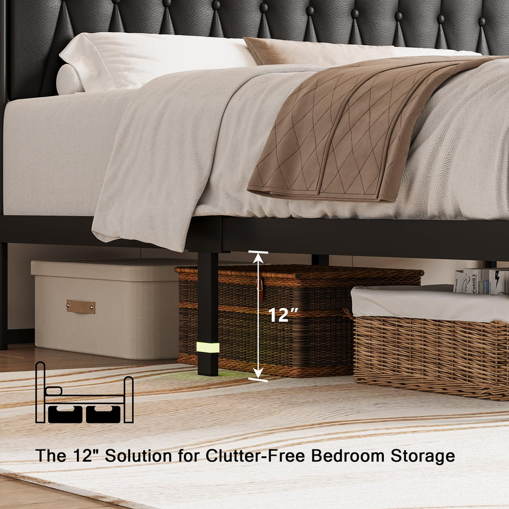 Black Full Size Platform Bed Frame with Faux Leather Upholstered Storage Headboard R244