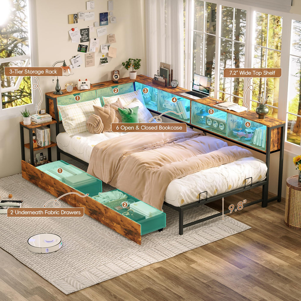 Brown Twin Corner Bed Frame with Storage Bookcase and Bedside Rack W804