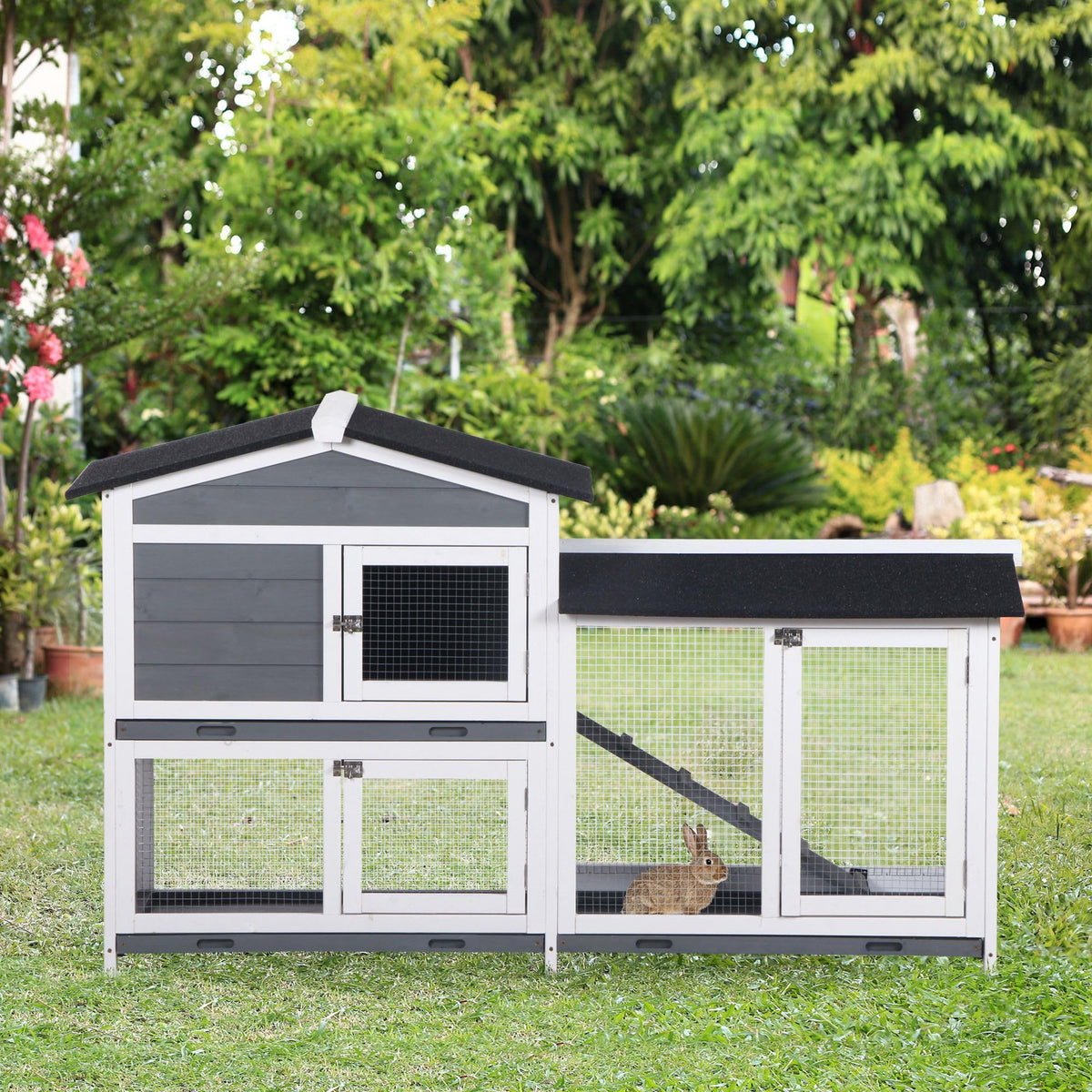 Gray 2-Tier Wooden Rabbit Hutch with Removable Tray B4183