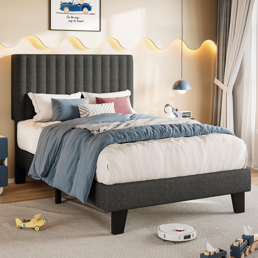 Twin Size Upholstered Linen Platform Bed Frame with Headboard E24367