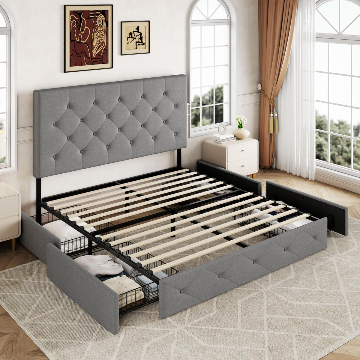 Queen Size Light Grey Upholstered Storage Bed Frame with 4 Drawers V560