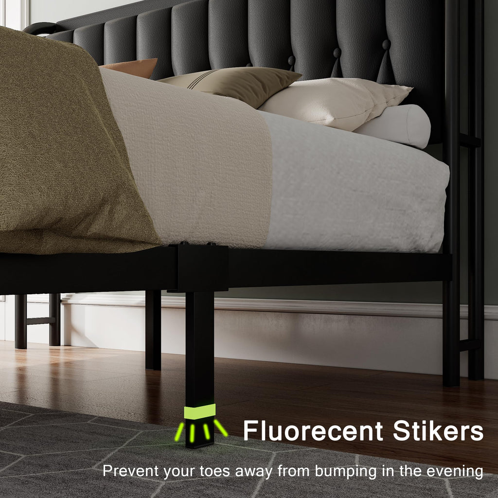 Black Full Size Platform Bed Frame with Faux Leather Upholstered Storage Headboard R244