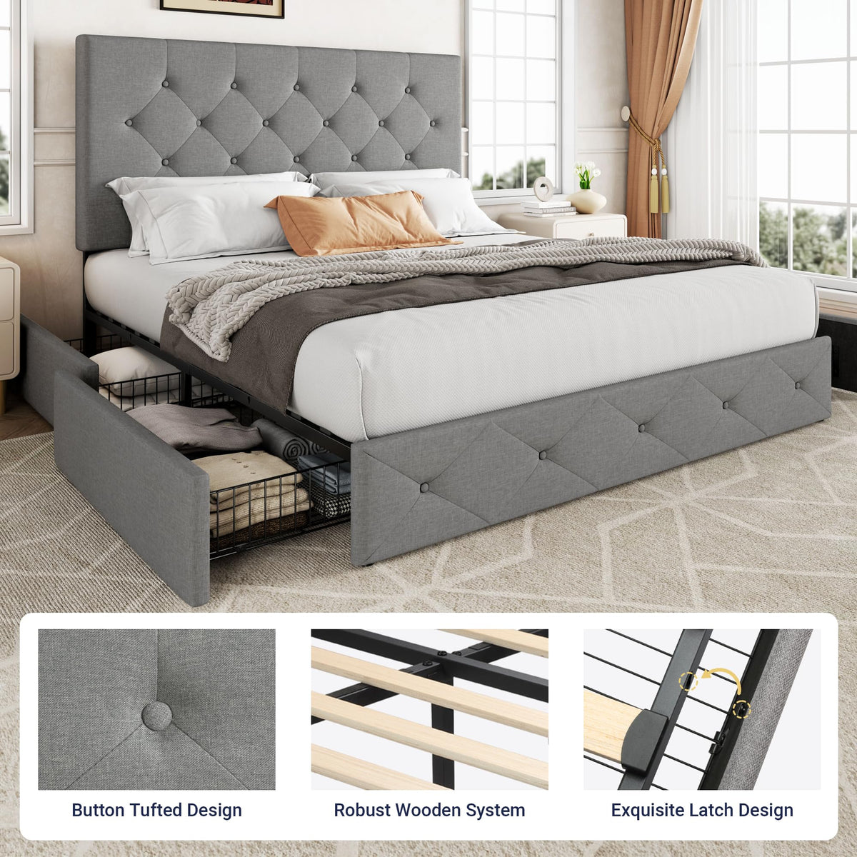 Queen Size Light Grey Upholstered Storage Bed Frame with 4 Drawers V560