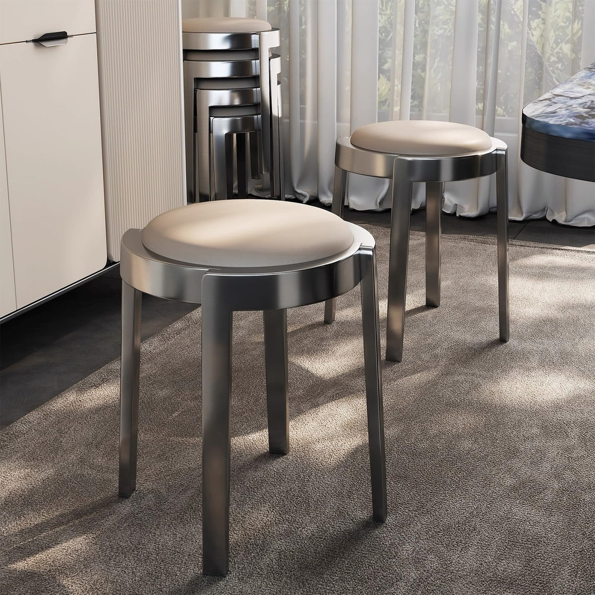 Round Stackable Stainless Steel Microfiber Leather Stools B739469