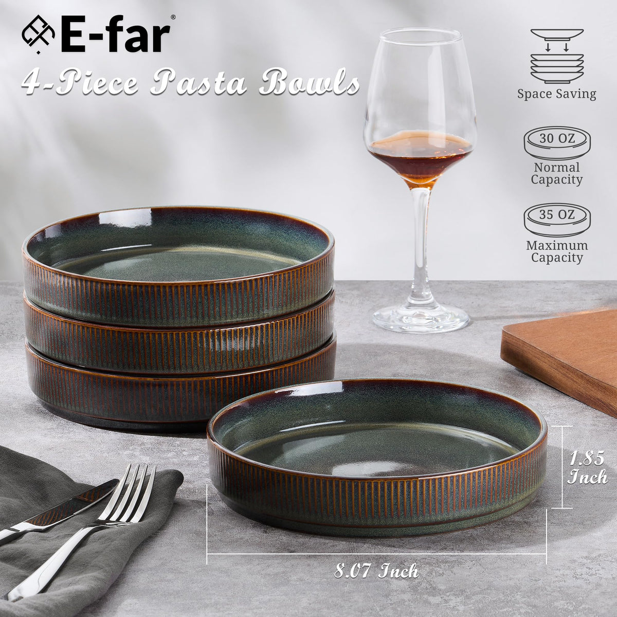 12-Piece Plates and Bowls Set and 35oz Pasta Bowls Set of 4, Stoneware Dinnerware Set for 4, Blackish Green H735