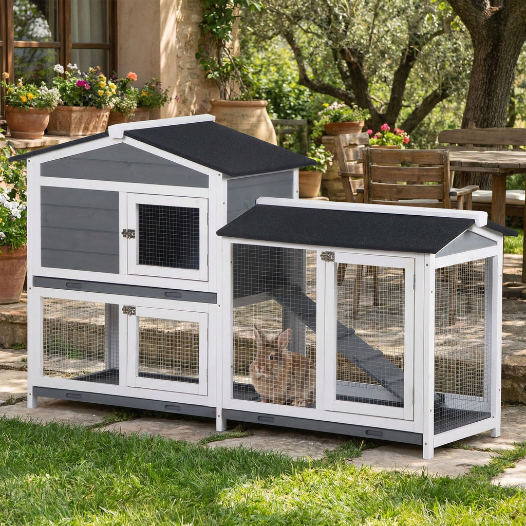 Gray 2-Tier Wooden Rabbit Hutch with Removable Tray B4183