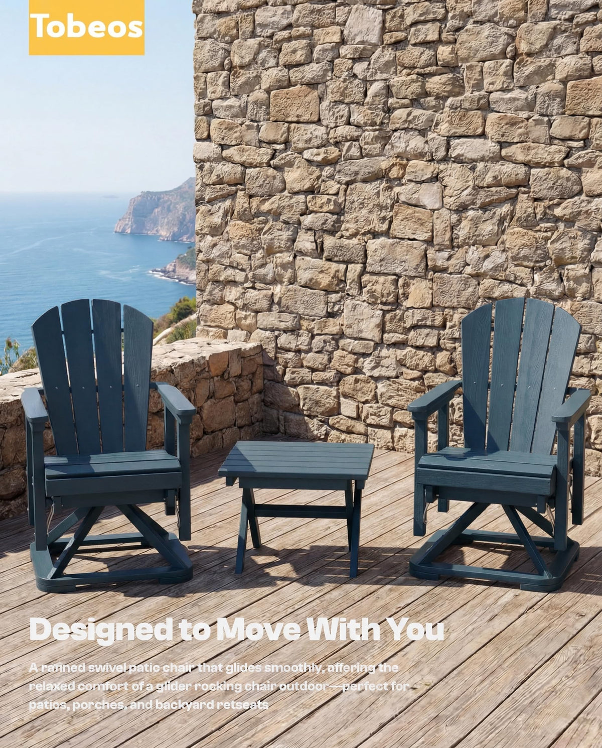 HDPE Oversized Swivel Glider Rocking Chair Set of 2 Navy Blue W631