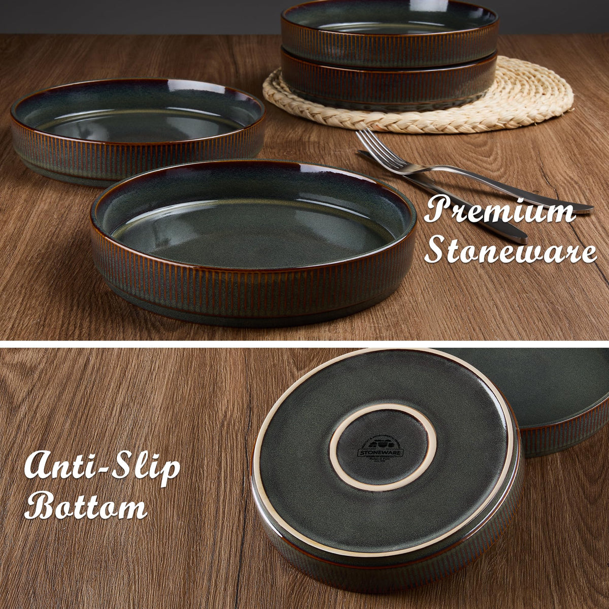 12-Piece Plates and Bowls Set and 35oz Pasta Bowls Set of 4, Stoneware Dinnerware Set for 4, Blackish Green H735
