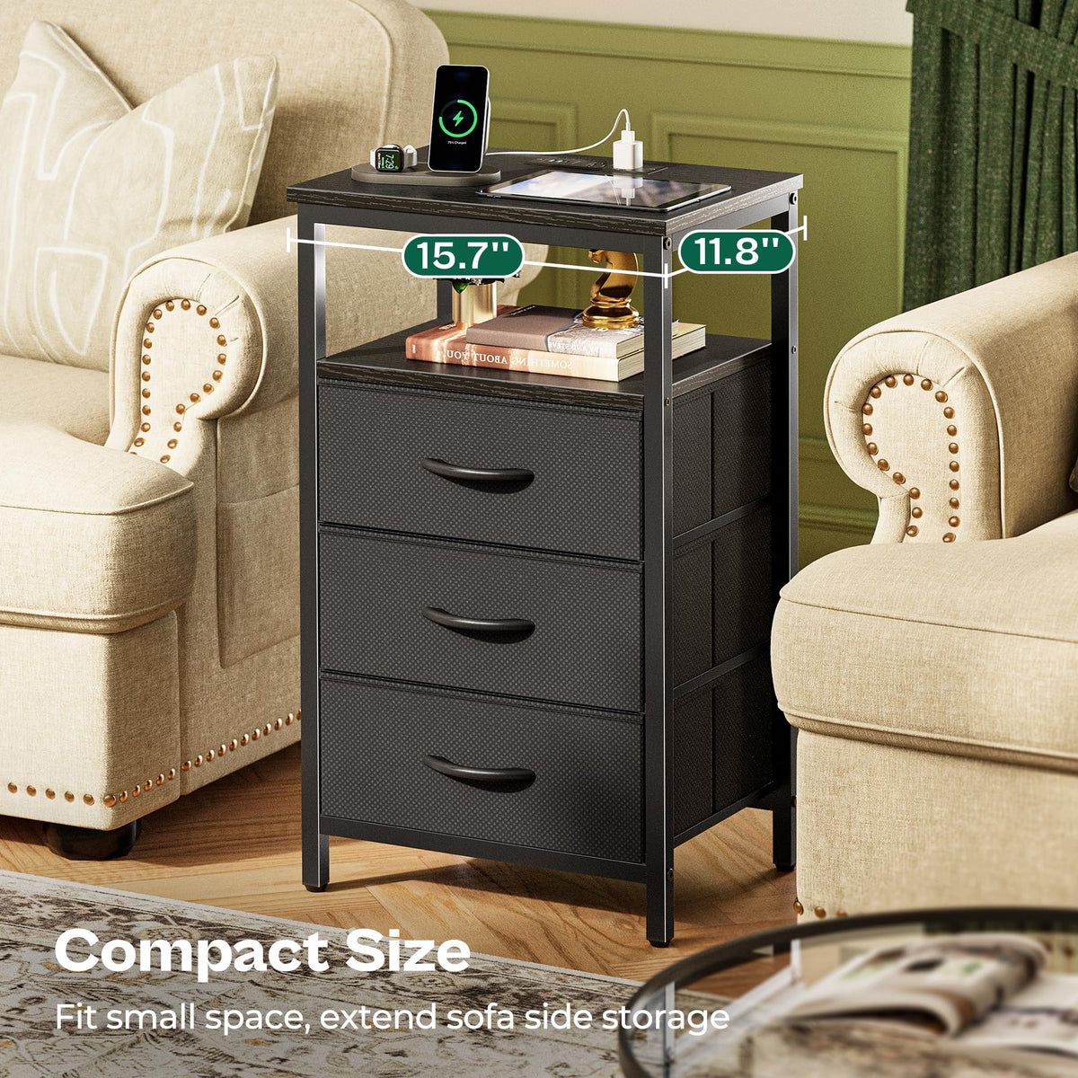 3 Drawer Nightstand with Charger Station and LED Lights M995644