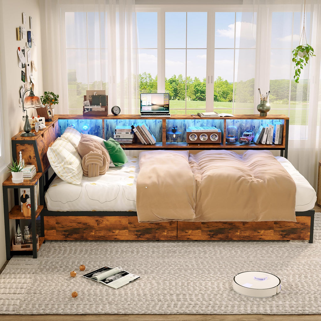 Brown Twin Corner Bed Frame with Storage Bookcase and Bedside Rack W804