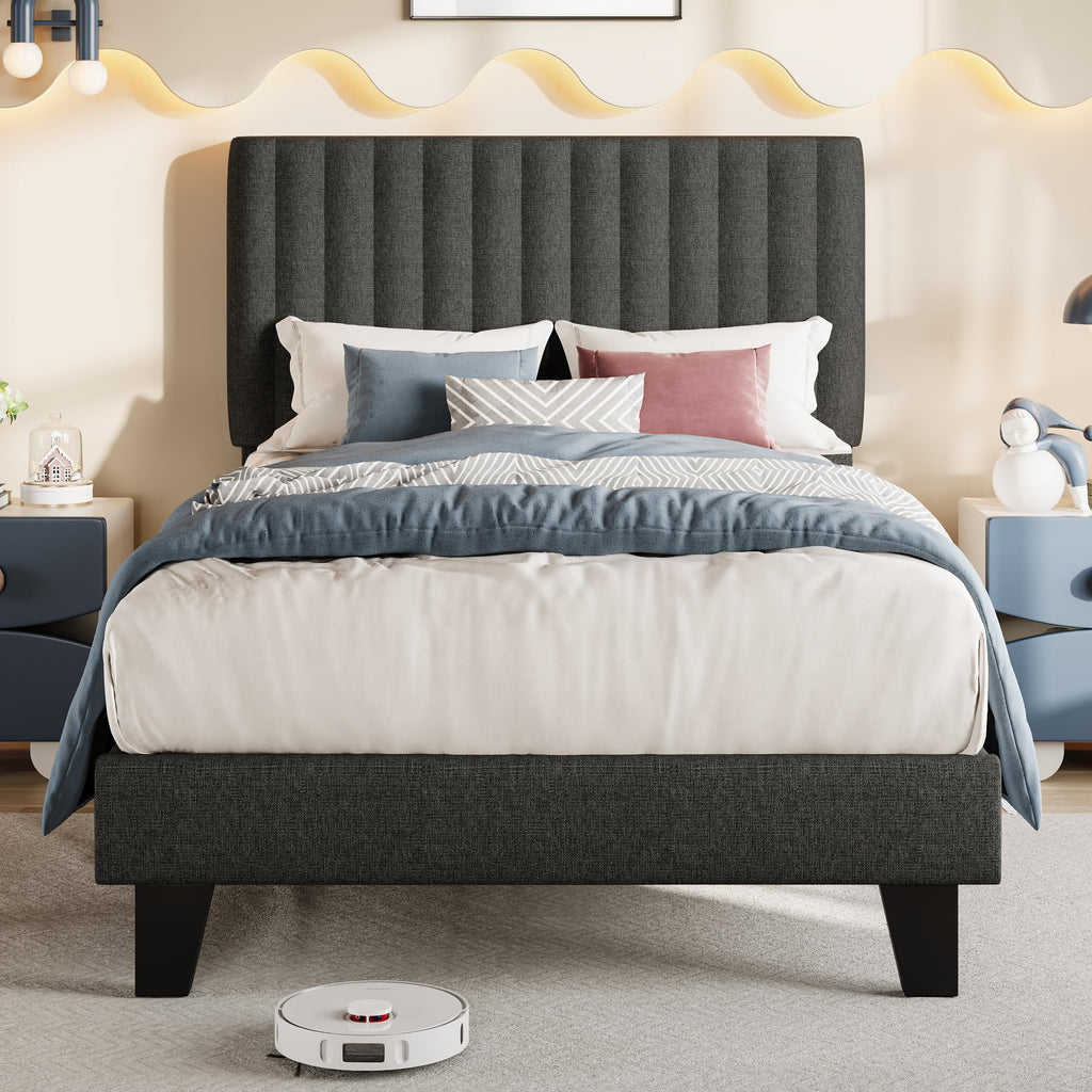 Twin Size Upholstered Linen Platform Bed Frame with Headboard E24367