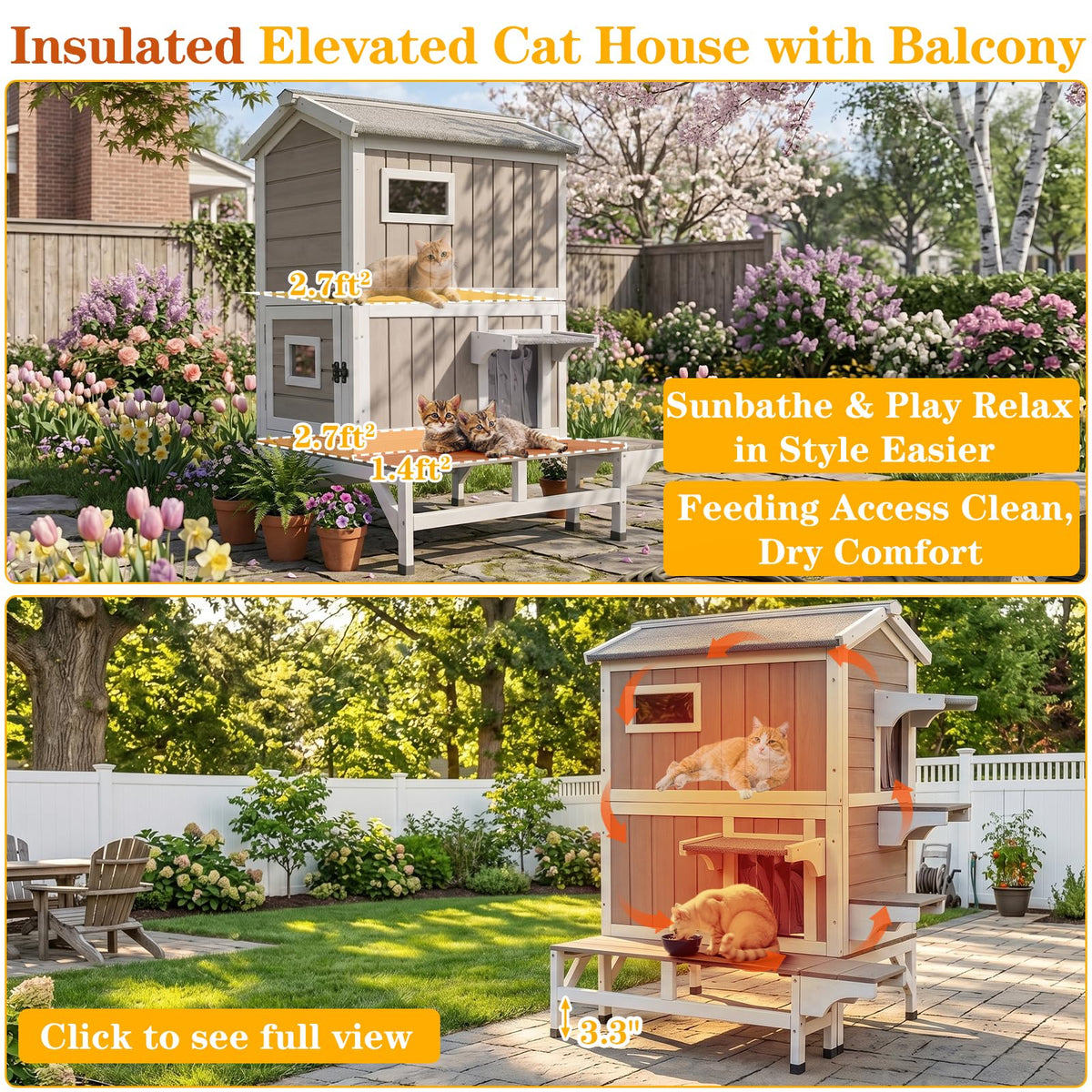 Insulated Outdoor Cat House 2-Story Wooden Shelter H773657