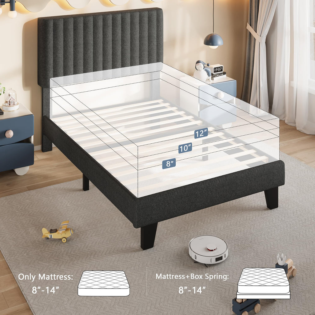 Twin Size Upholstered Linen Platform Bed Frame with Headboard E24367