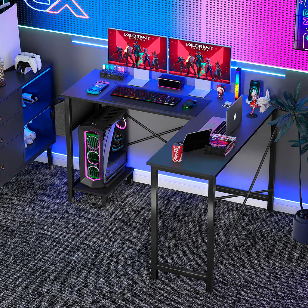 50 Inch Black L-Shaped Desk with Side Storage Bag & CPU Stand Y769