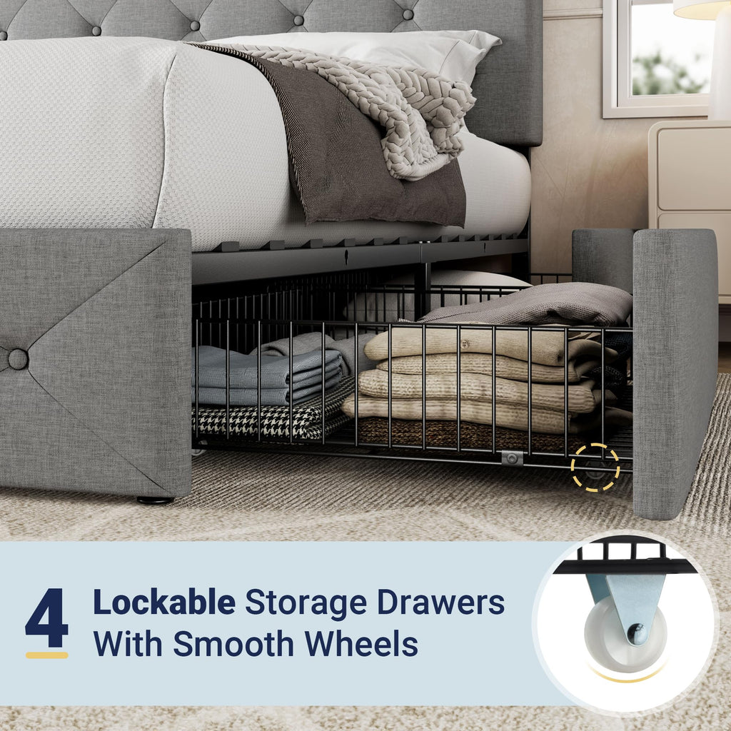 Queen Size Light Grey Upholstered Storage Bed Frame with 4 Drawers V560