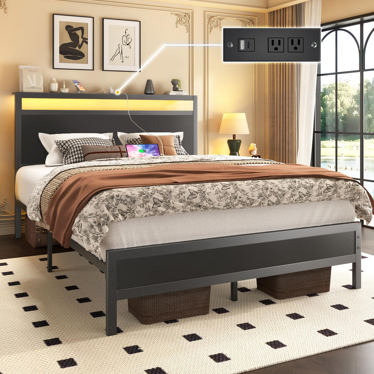 Full Bed Frame with Headboard, Footboard, Charging Station, LED Light, Storage Shelf, Black B15947