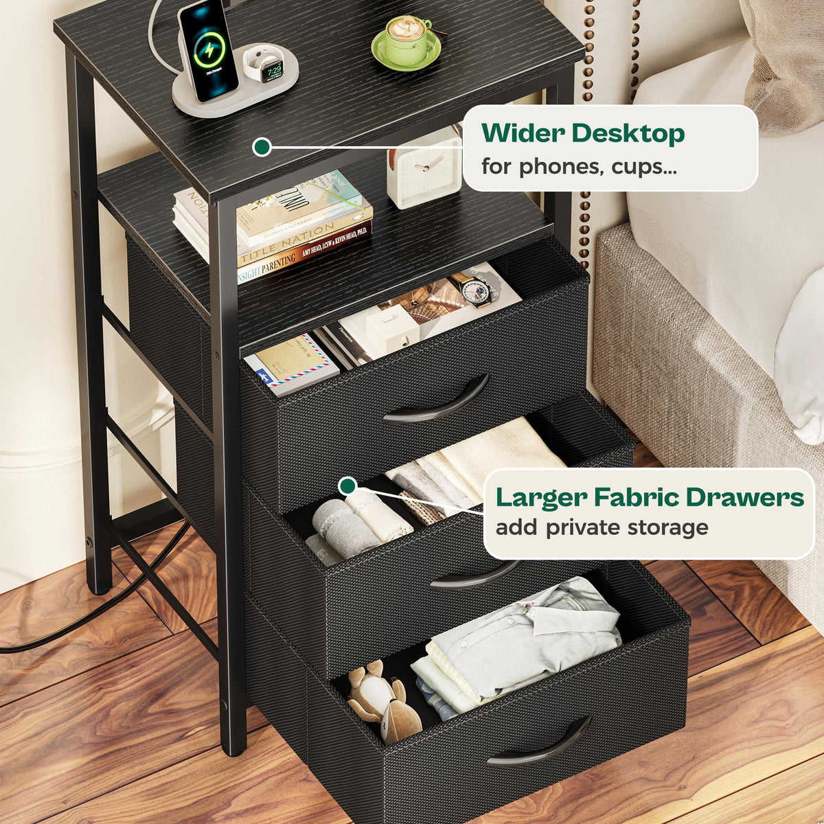 3 Drawer Nightstand with Charger Station and LED Lights M995644